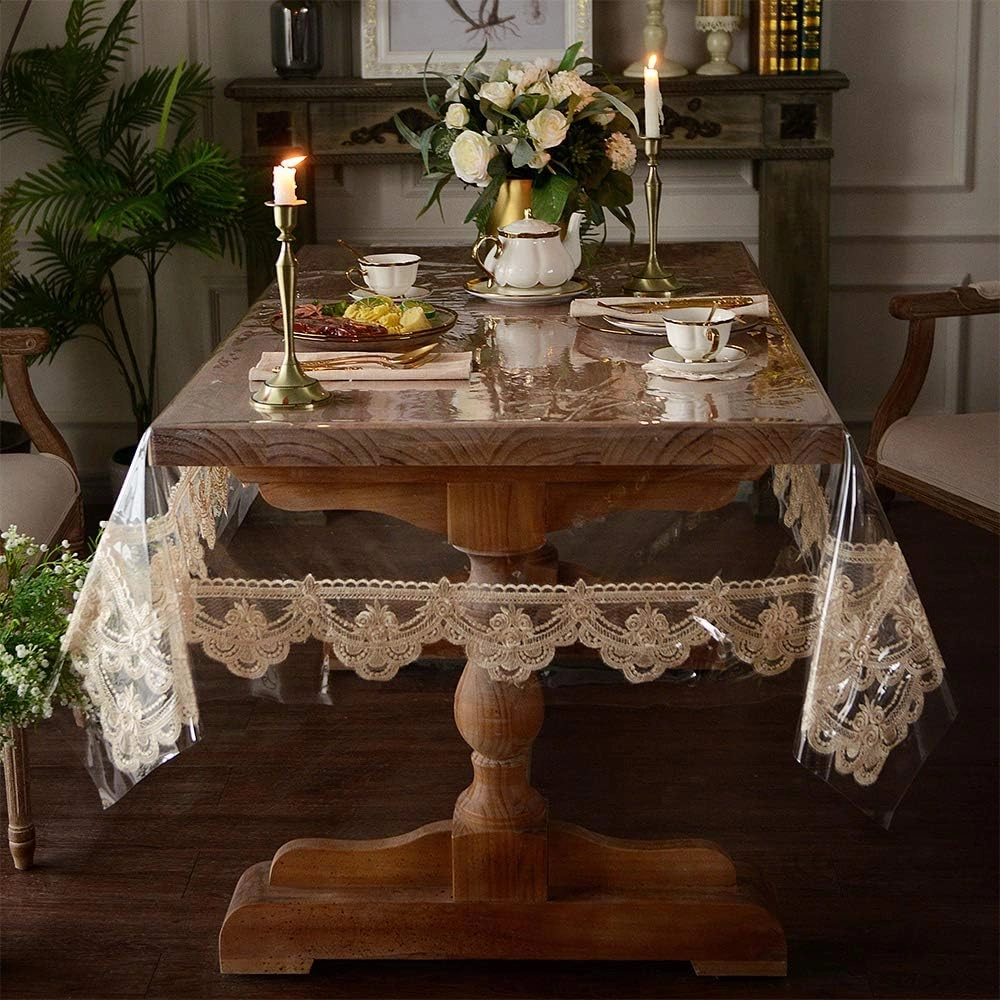 ARTABLE Vinyl PVC Rectangle Tablecloth Waterproof Clear Table Cover with Champagne Lace Macrame Border for Wedding Kitchen Home Outdoor Indoor Holidays Party Decor (Champagne, 65 x 95 Inch)