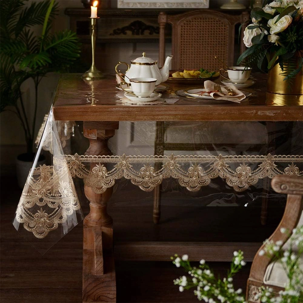 ARTABLE Vinyl PVC Rectangle Tablecloth Waterproof Clear Table Cover with Champagne Lace Macrame Border for Wedding Kitchen Home Outdoor Indoor Holidays Party Decor (Champagne, 65 x 95 Inch)