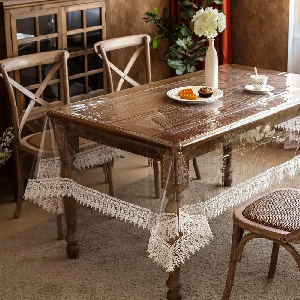 ARTABLE Vinyl PVC Rectangle Tablecloth Waterproof Clear Table Cover with Champagne Lace Macrame Border for Wedding Kitchen Home Outdoor Indoor Holidays Party Decor (Off White, 52 x 70 Inch)