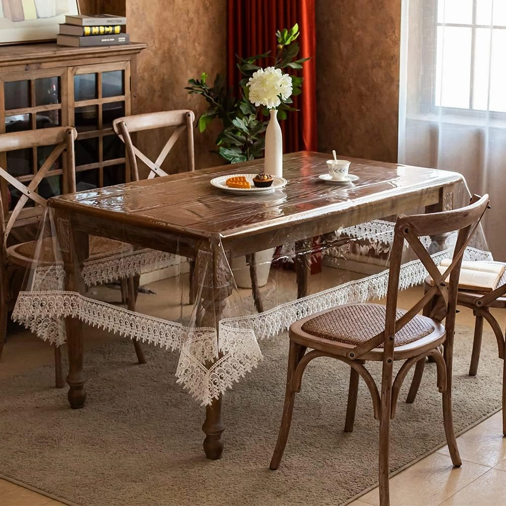 ARTABLE Vinyl PVC Rectangle Tablecloth Waterproof Clear Table Cover with Champagne Lace Macrame Border for Wedding Kitchen Home Outdoor Indoor Holidays Party Decor (Off White, 52 x 70 Inch)