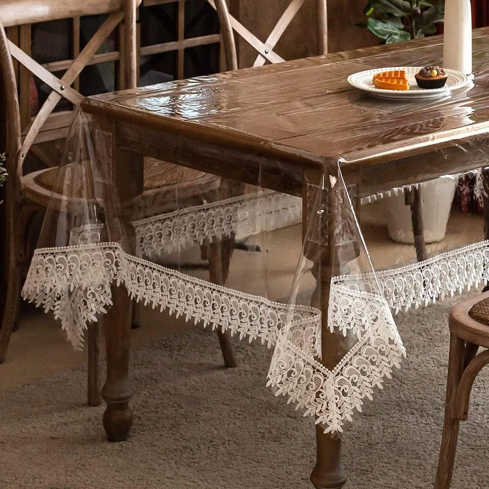 ARTABLE Vinyl PVC Rectangle Tablecloth Waterproof Clear Table Cover with Champagne Lace Macrame Border for Wedding Kitchen Home Outdoor Indoor Holidays Party Decor (Off White, 52 x 70 Inch)