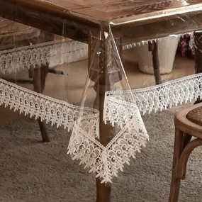 ARTABLE Vinyl PVC Rectangle Tablecloth Waterproof Clear Table Cover with Champagne Lace Macrame Border for Wedding Kitchen Home Outdoor Indoor Holidays Party Decor (Off White, 52 x 70 Inch) vinyl accessories,turntable parts,record player tools,
