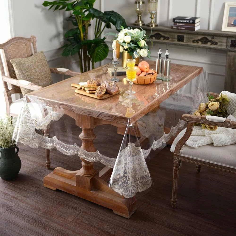 ARTABLE Vinyl PVC Rectangle Tablecloth Waterproof Clear Table Cover with Champagne Lace Macrame Border for Wedding Kitchen Home Outdoor Indoor Holidays Party Decor (Stone, 52 x 70 Inch)