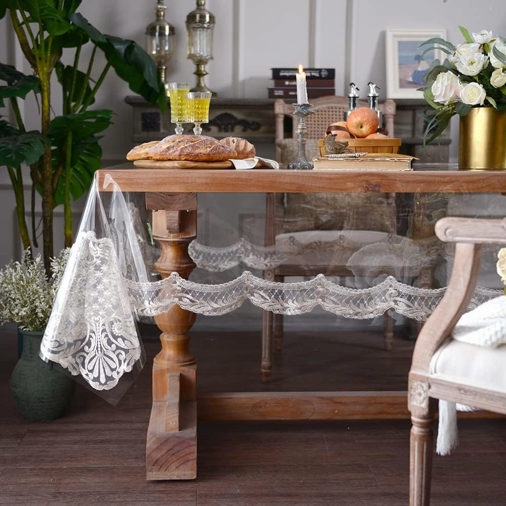 ARTABLE Vinyl PVC Rectangle Tablecloth Waterproof Clear Table Cover with Champagne Lace Macrame Border for Wedding Kitchen Home Outdoor Indoor Holidays Party Decor (Stone, 52 x 70 Inch)