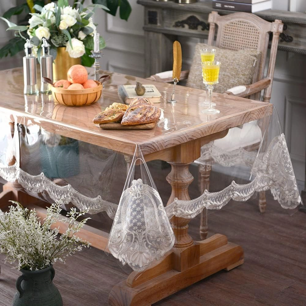 ARTABLE Vinyl PVC Rectangle Tablecloth Waterproof Clear Table Cover with Champagne Lace Macrame Border for Wedding Kitchen Home Outdoor Indoor Holidays Party Decor (Stone, 52 x 70 Inch)