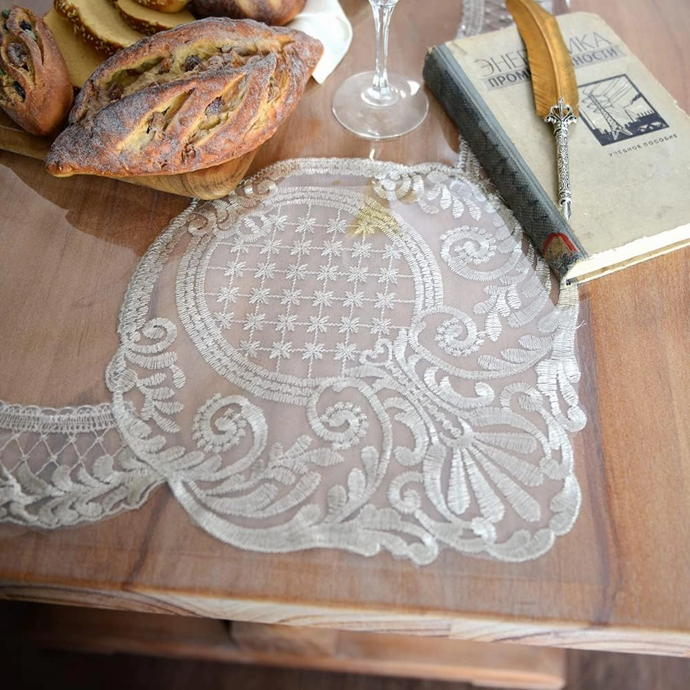 ARTABLE Vinyl PVC Rectangle Tablecloth Waterproof Clear Table Cover with Champagne Lace Macrame Border for Wedding Kitchen Home Outdoor Indoor Holidays Party Decor (Stone, 52 x 70 Inch)