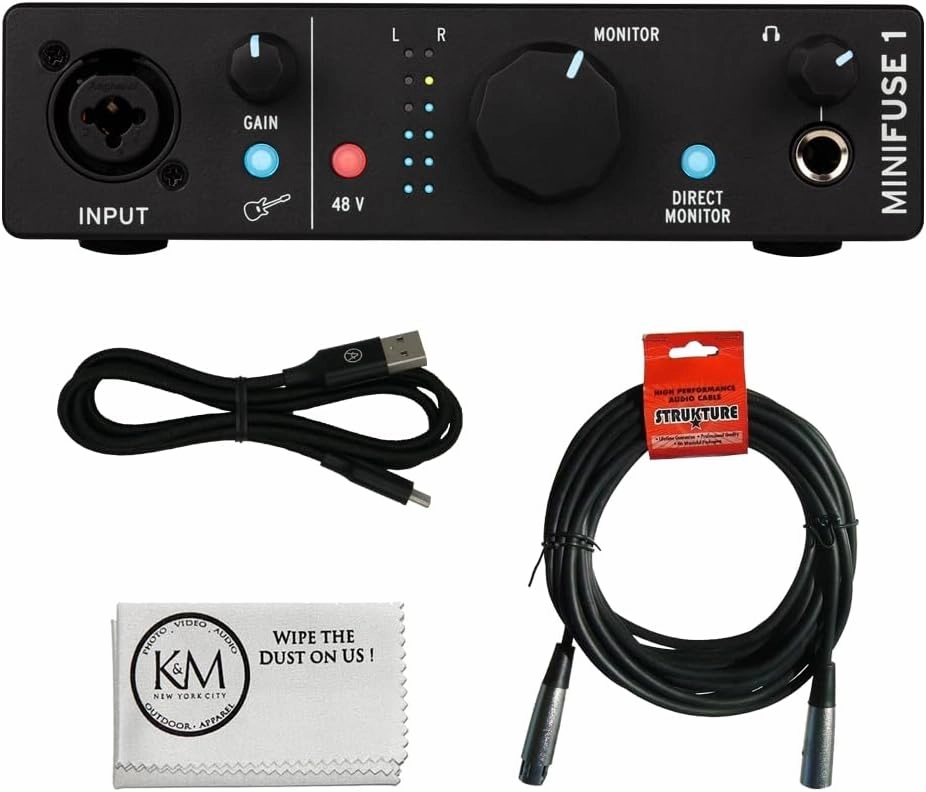 Arturia MiniFuse 1 Portable 1x2 USB Type-C Audio Interface | Black Bundled with a 20 ft. XLR Cable (2 Items) audio interface,USB interface,music recording input,