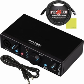 Arturia MiniFuse 1 Portable USB-C Audio Interface, Black w/Pig Hog PHM10 8mm XLR Microphone Cable and Liquid Audio Polishing Cloth audio interface,USB interface,music recording input,