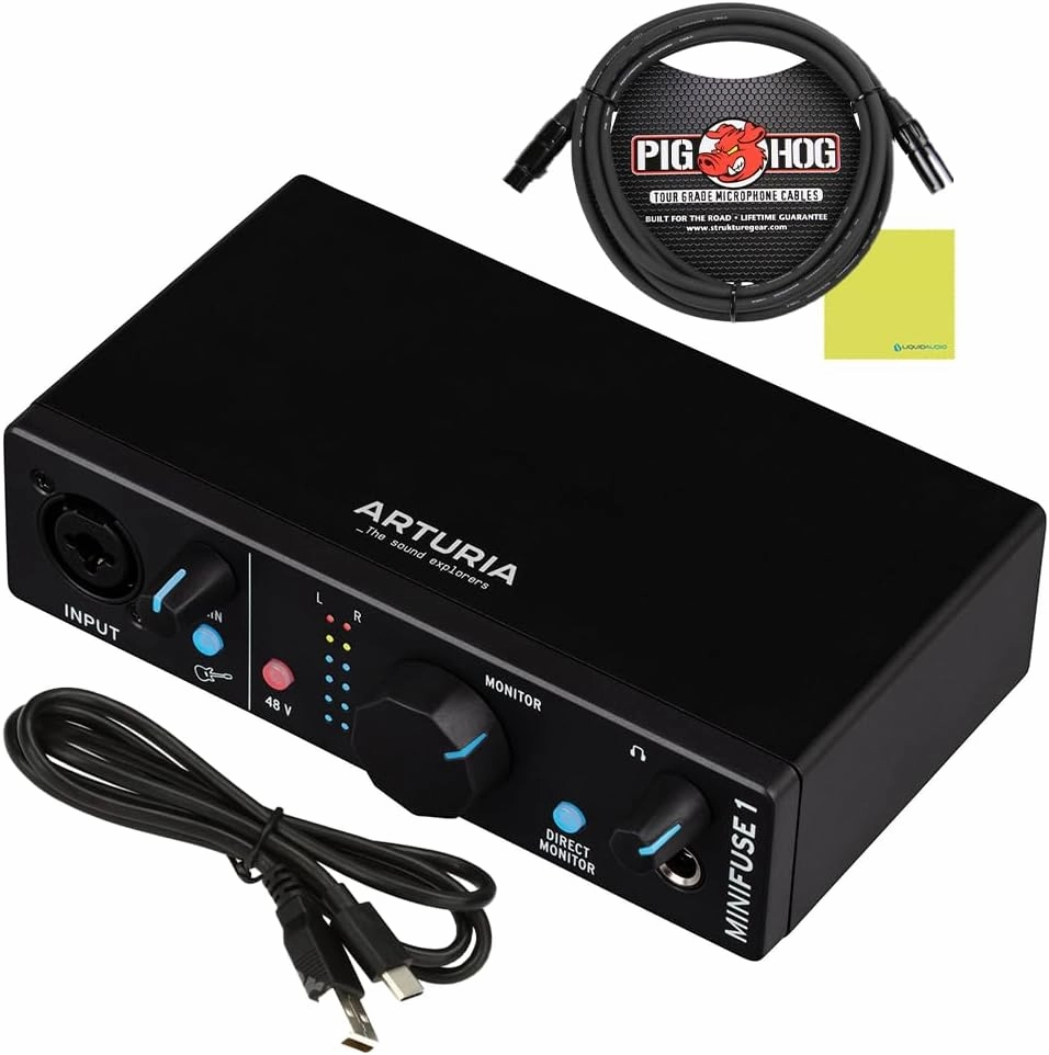 Arturia MiniFuse 1 Portable USB-C Audio Interface, Black w/Pig Hog PHM10 8mm XLR Microphone Cable and Liquid Audio Polishing Cloth audio interface,USB interface,music recording input,