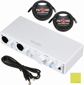 Arturia MiniFuse 2 Flexible Dual USB-C Audio Interface, White w/ 2-Pack Pig Hog PHM10 8mm XLR Microphone Cable and Liquid Audio Polishing Cloth audio interface,USB interface,music recording input,