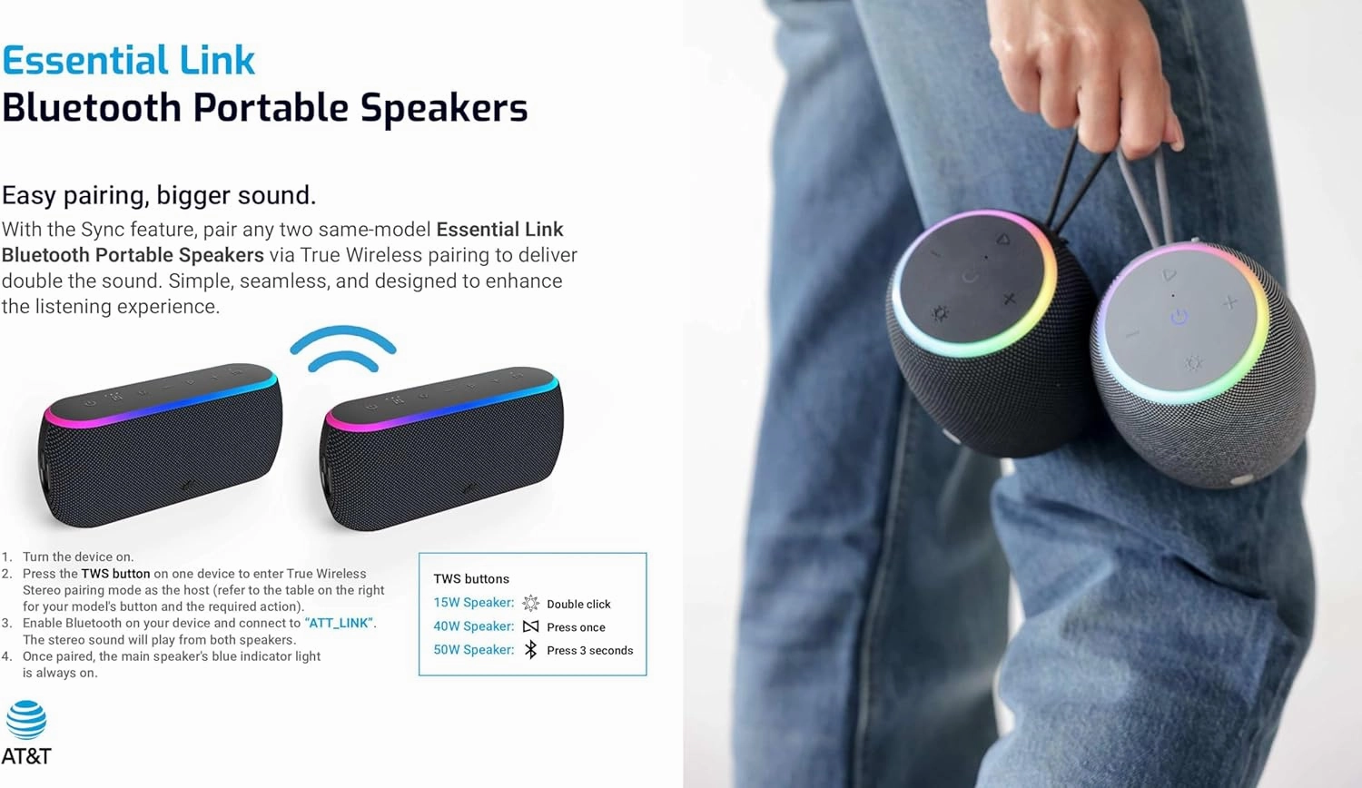 AT&T Professional Series 15W Bluetooth Speaker Green Premium Wireless Audio Compact Design Portable Speaker for Home, Kitchen, Outdoor