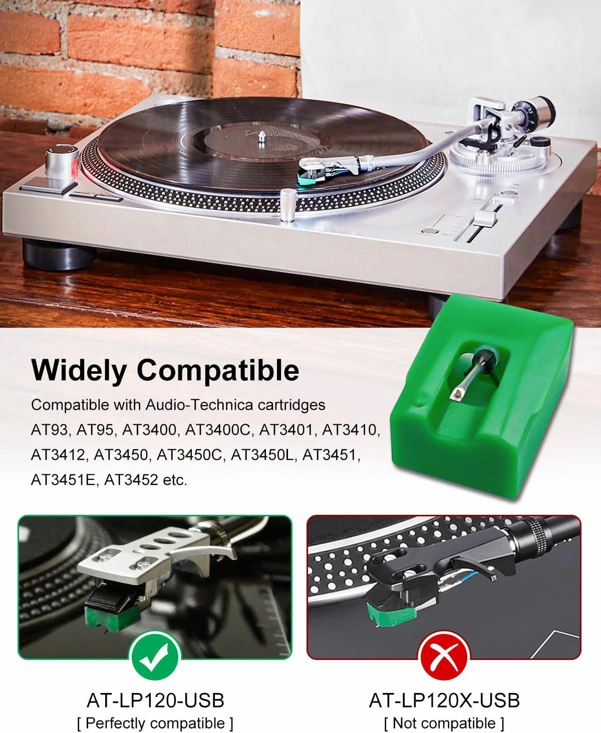 ATN95E Replacement Stylus Compatible with Audio-Technica AT-LP120-USB AT93 AT95 Turntable, Diamond Record Player Needles Replacement Stylus with Phono Brush (Not for LP120X-USB), Green