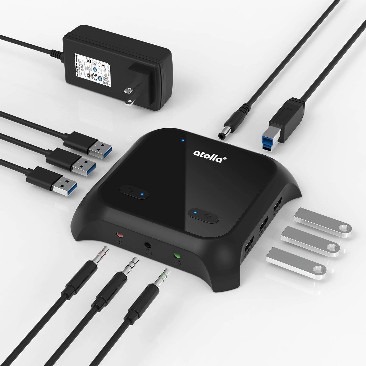 Atolla USB 3.0 Hub with Headphone Stand, Powered with 3 USB 3.0 Ports and 3 Charging Ports, 3.5mm AUX with On/Off Switches, 12V/2.5A Power Adapter smart audio hub,voice control speaker,Alexa compatible audio,