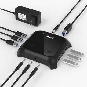 Atolla USB 3.0 Hub with Headphone Stand, Powered with 3 USB 3.0 Ports and 3 Charging Ports, 3.5mm AUX with On/Off Switches, 12V/2.5A Power Adapter smart audio hub,voice control speaker,Alexa compatible audio,