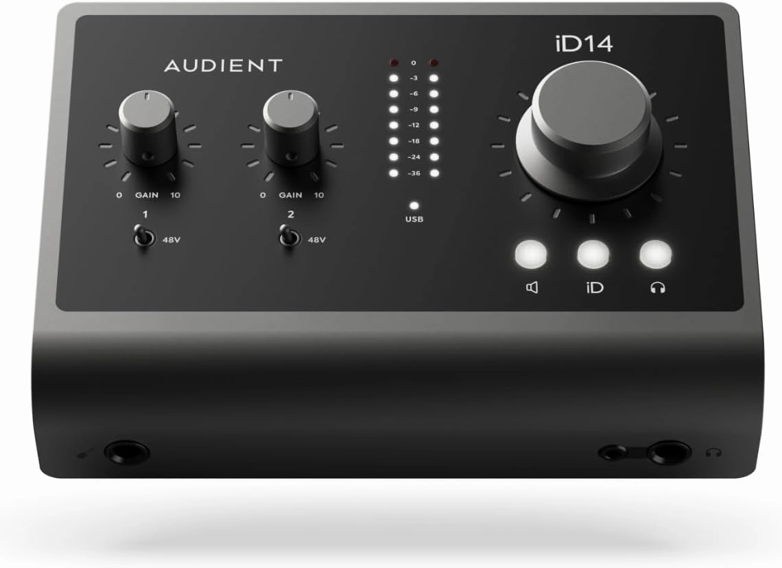 Audient Audio Interface iD14 MKII, 2 Class-A Microphone Preamps (High Performance USB Audio Interface, USB-C Connector, Monitor Mix and Monitor Panning Function, 2 Headphone Outputs), Black audio interface,USB interface,music recording input,
