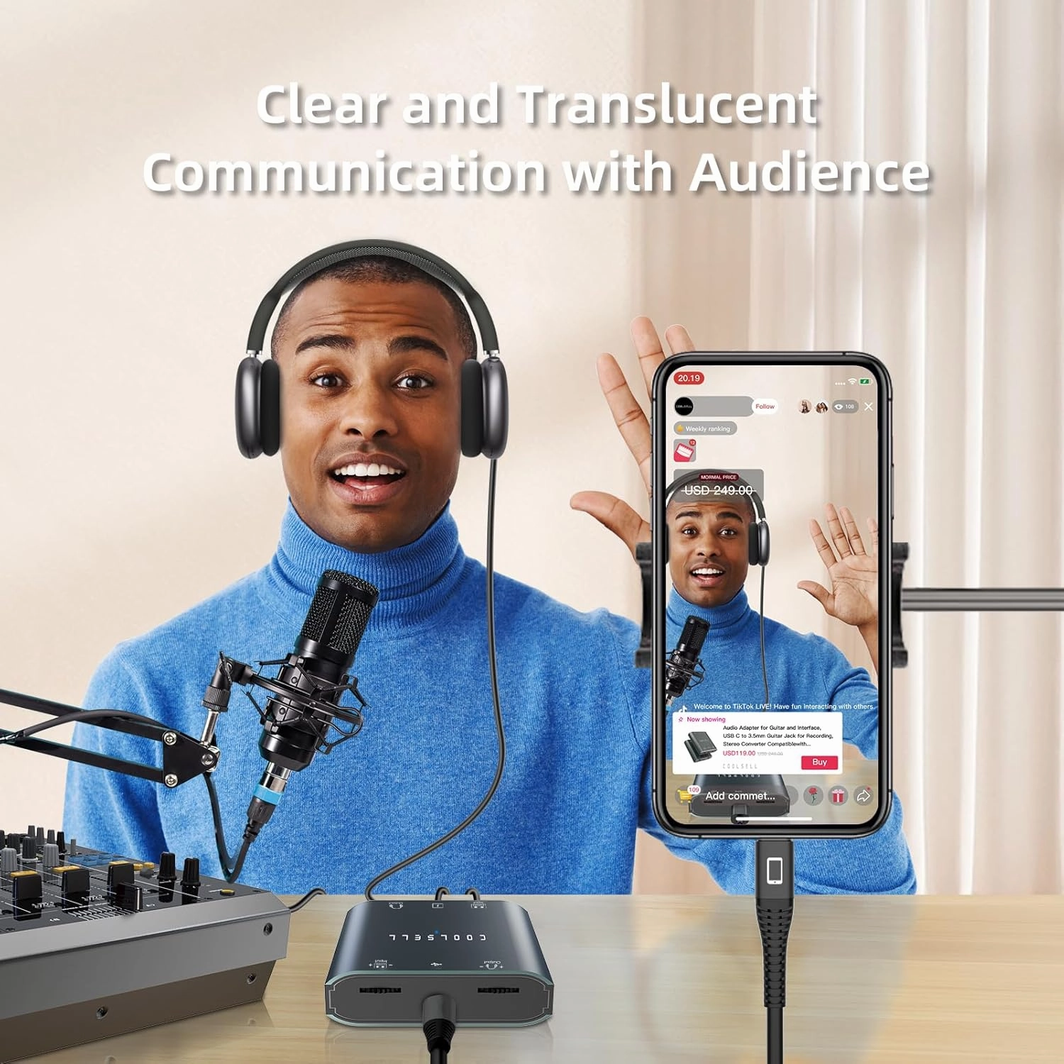 Audio Interface, Stereo 24Bit/192kHz USB C & iPhone Guitar Interface for Recording, Live Streams and Podcasting, Compatible with iPhone, iPad, Mac, Android and PC