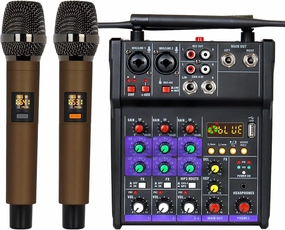 Audio Mixer 4 Channel DJ Mixer with Dual Wireless Microphone Sound Board Console MP3 Bluetooth 48V Phantom Power USB Interface for Home Karaoke Studio Recording mixer console,audio mixing desk,DJ console,