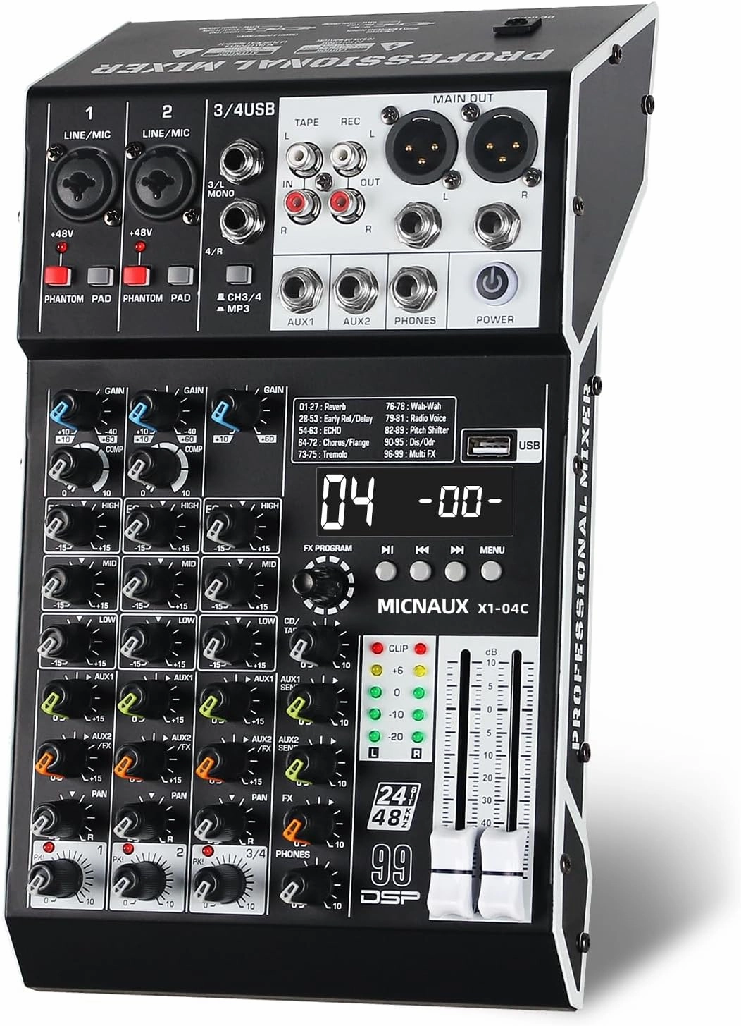 Audio Mixer 4 Channel Professional Sound Mixer Console with 99 DSP Effects, Small Mixing Board DJ Mixer w/USB, Bluetooth, 48V Power Supply, PAD Button for Recording Karaoke PA Drum Live Music mixer console,audio mixing desk,DJ console,