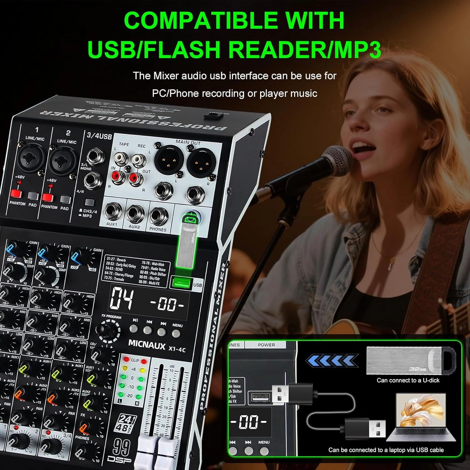Audio Mixer 4 Channel Professional Sound Mixer Console with 99 DSP Effects, Small Mixing Board DJ Mixer w/USB, Bluetooth, 48V Power Supply, PAD Button for Recording Karaoke PA Drum Live Music