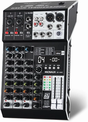Audio Mixer 4 Channel Professional Sound Mixer Console with 99 DSP Effects, Small Mixing Board DJ Mixer w/USB, Bluetooth, 48V Power Supply, PAD Button for Recording Karaoke PA Drum Live Music mixer console,audio mixing desk,DJ console,