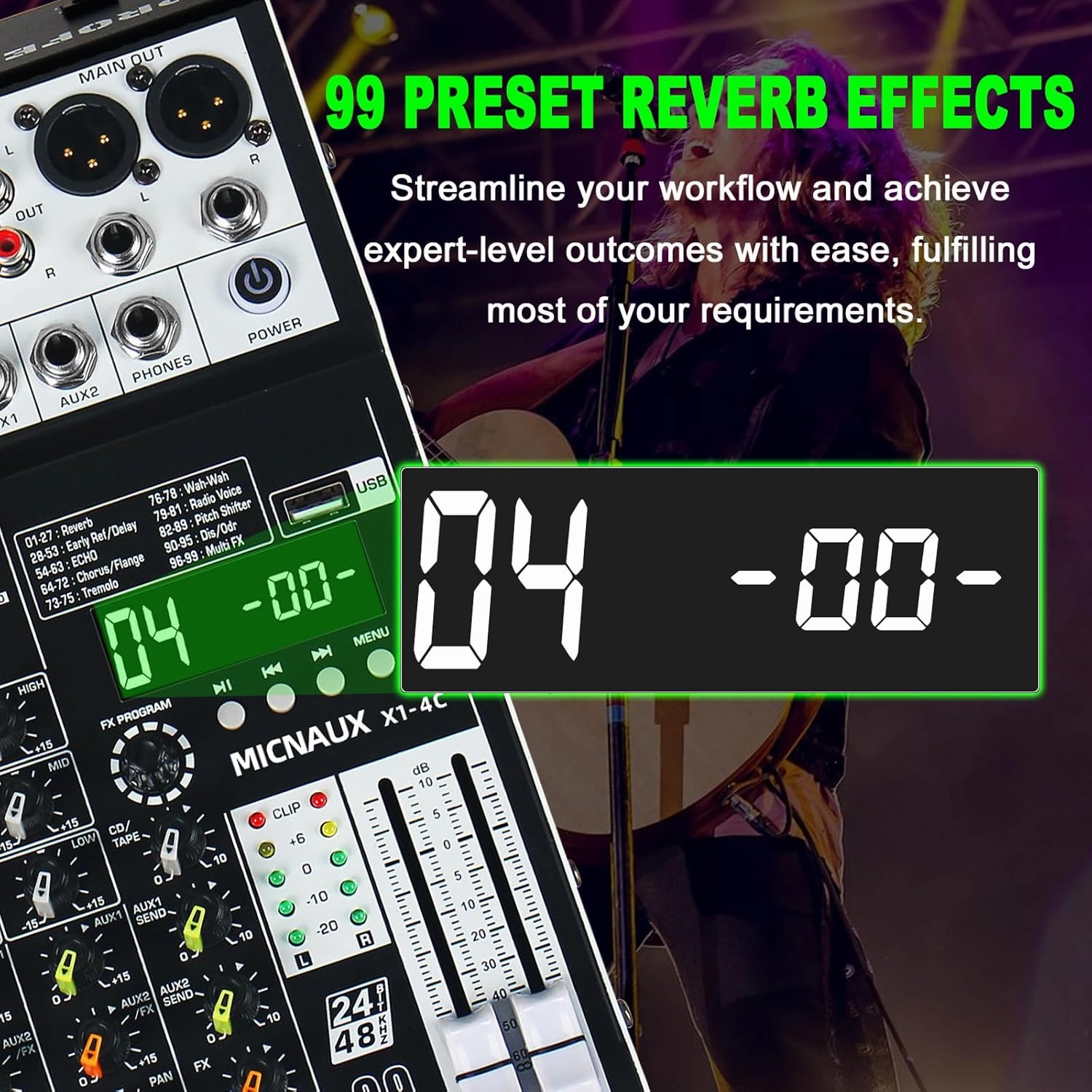 Audio Mixer 4 Channel Professional Sound Mixer Console with 99 DSP Effects, Small Mixing Board DJ Mixer w/USB, Bluetooth, 48V Power Supply, PAD Button for Recording Karaoke PA Drum Live Music