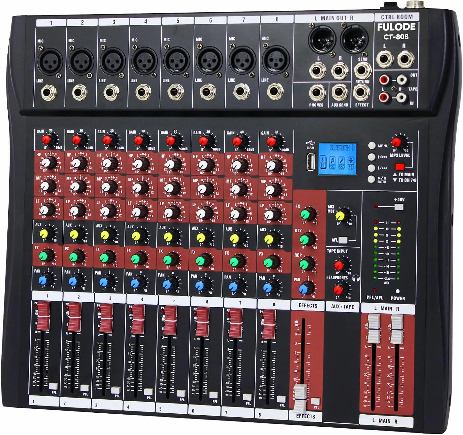Audio Mixer 8 Channel, CT-80S Professional Sound System Mixer Board DJ Mixing Console with Reverb MP3 Player Bluetooth 48V Phantom Power Supply USB Recording for Studio Karaoke Live Music mixer console,audio mixing desk,DJ console,