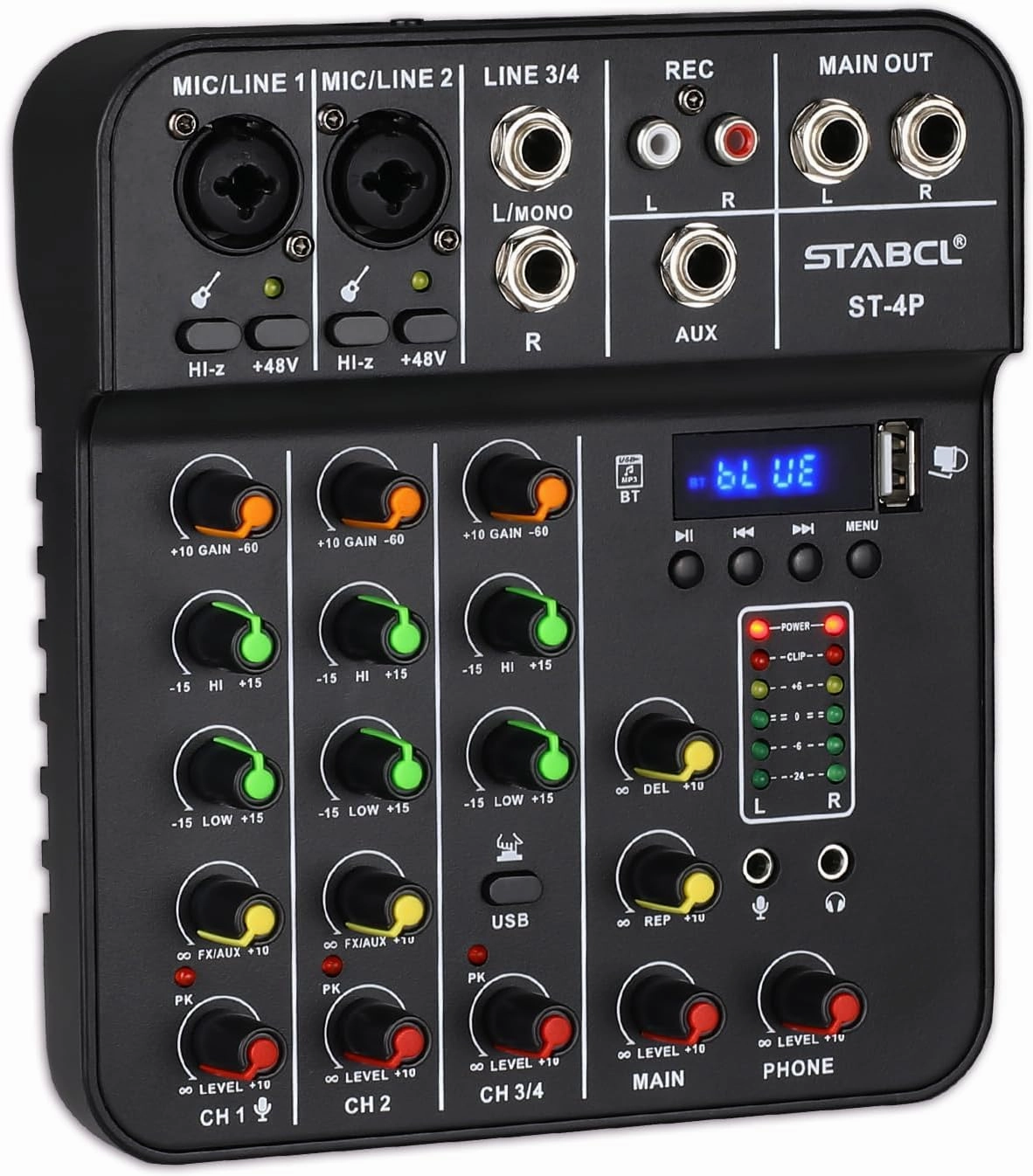 Audio Mixer Board 4 Channel, Sound Board Mixing Console with Digital USB Bluetooth 48V Phantom Power and Reverb, Small Sound Mixer Interface for Pc, DJ Mixer for Podcasting Black mixer console,audio mixing desk,DJ console,