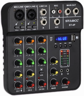 Audio Mixer Board 4 Channel, Sound Board Mixing Console with Digital USB Bluetooth 48V Phantom Power and Reverb, Small Sound Mixer Interface for Pc, DJ Mixer for Podcasting Black mixer console,audio mixing desk,DJ console,