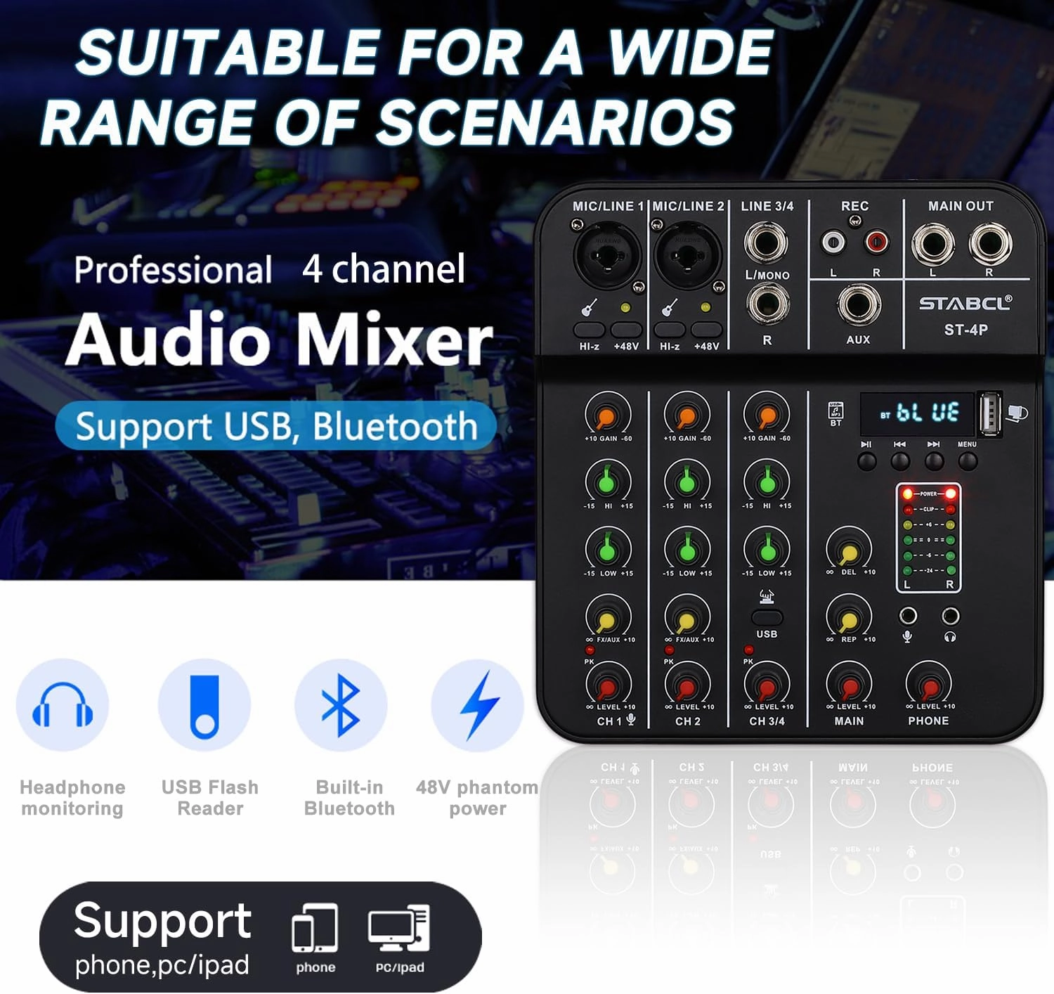 Audio Mixer Board 4 Channel, Sound Board Mixing Console with Digital USB Bluetooth 48V Phantom Power and Reverb, Small Sound Mixer Interface for Pc, DJ Mixer for Podcasting Black