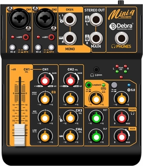 Audio Mixer D Debra Audio Mini4 Portable 4-Channel DJ Mixer Console, Sound Mixing Board with USB Bluetooth 48V Phantom Power, Audio Console for Live Wedding Party Recording Broadcast (Mini4) mixer console,audio mixing desk,DJ console,