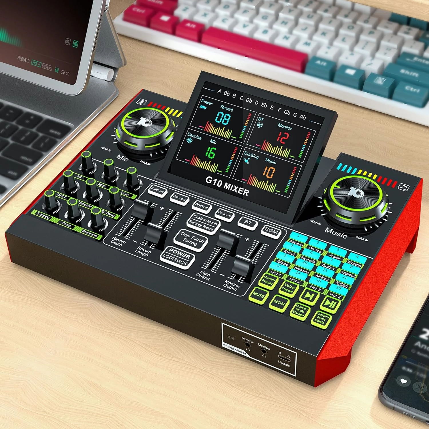 Audio Mixer, Sound Board for Pc/Phone Live Streaming Singing Gaming, Sound Mixer for 3.5mm/Xlr Dynamic/48V Microphone, Live Sound Card with DJ Mixer Effects & Voice Changer, Denoise, One Click Mute audio interface,USB interface,music recording input,