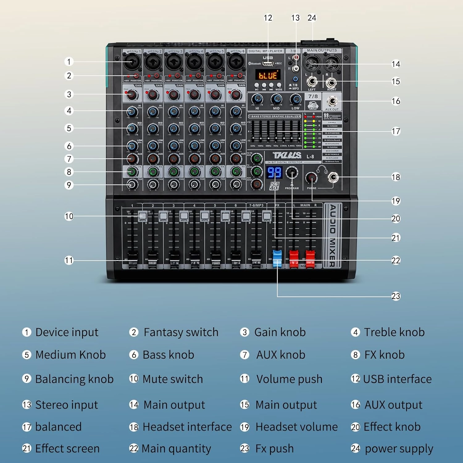 Audio Mixer, TKLBLS Professional 8 Channel DJ Mixer Board with 99-Bit DSP, Sound Board Mixing Console 7-Band EQ Output, USB Audio Interface, Bluetooth 48V Phantom Power For Karaoke Studio Streaming