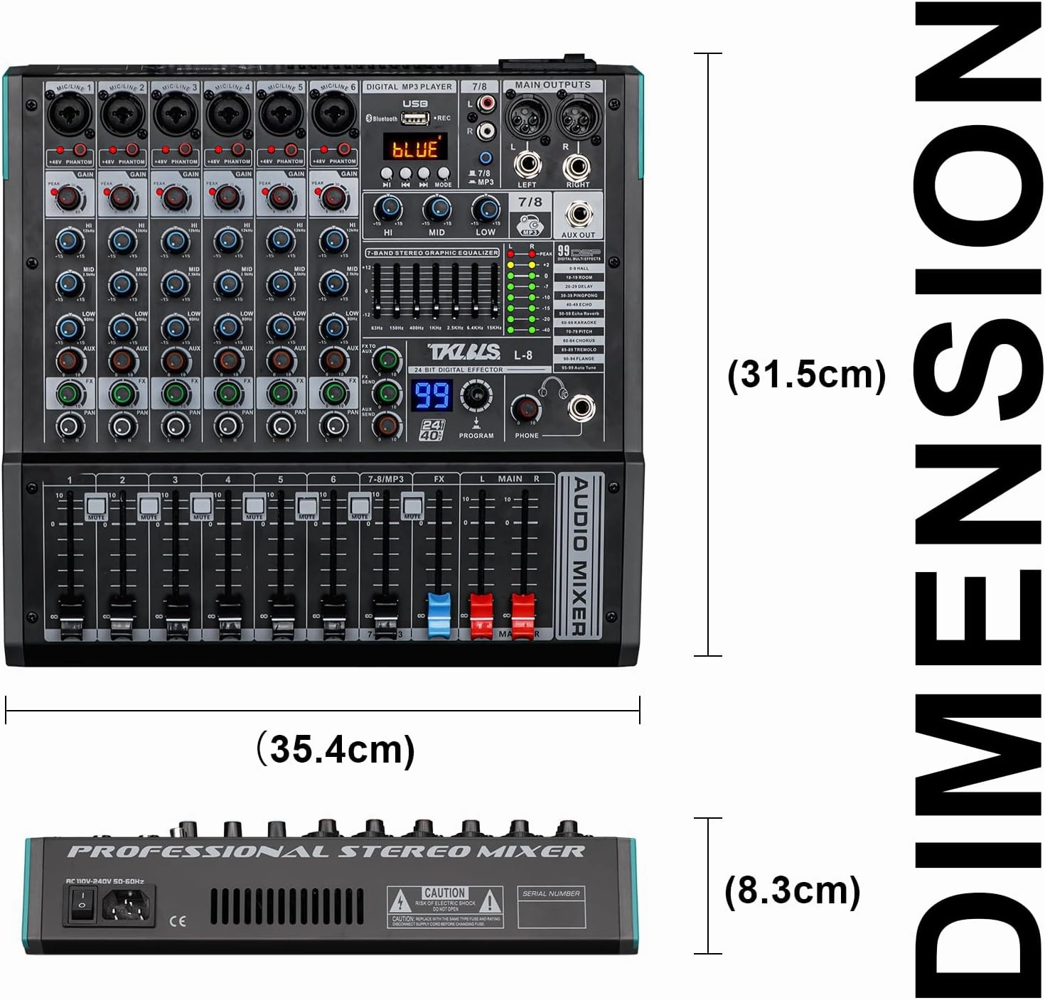 Audio Mixer, TKLBLS Professional 8 Channel DJ Mixer Board with 99-Bit DSP, Sound Board Mixing Console 7-Band EQ Output, USB Audio Interface, Bluetooth 48V Phantom Power For Karaoke Studio Streaming