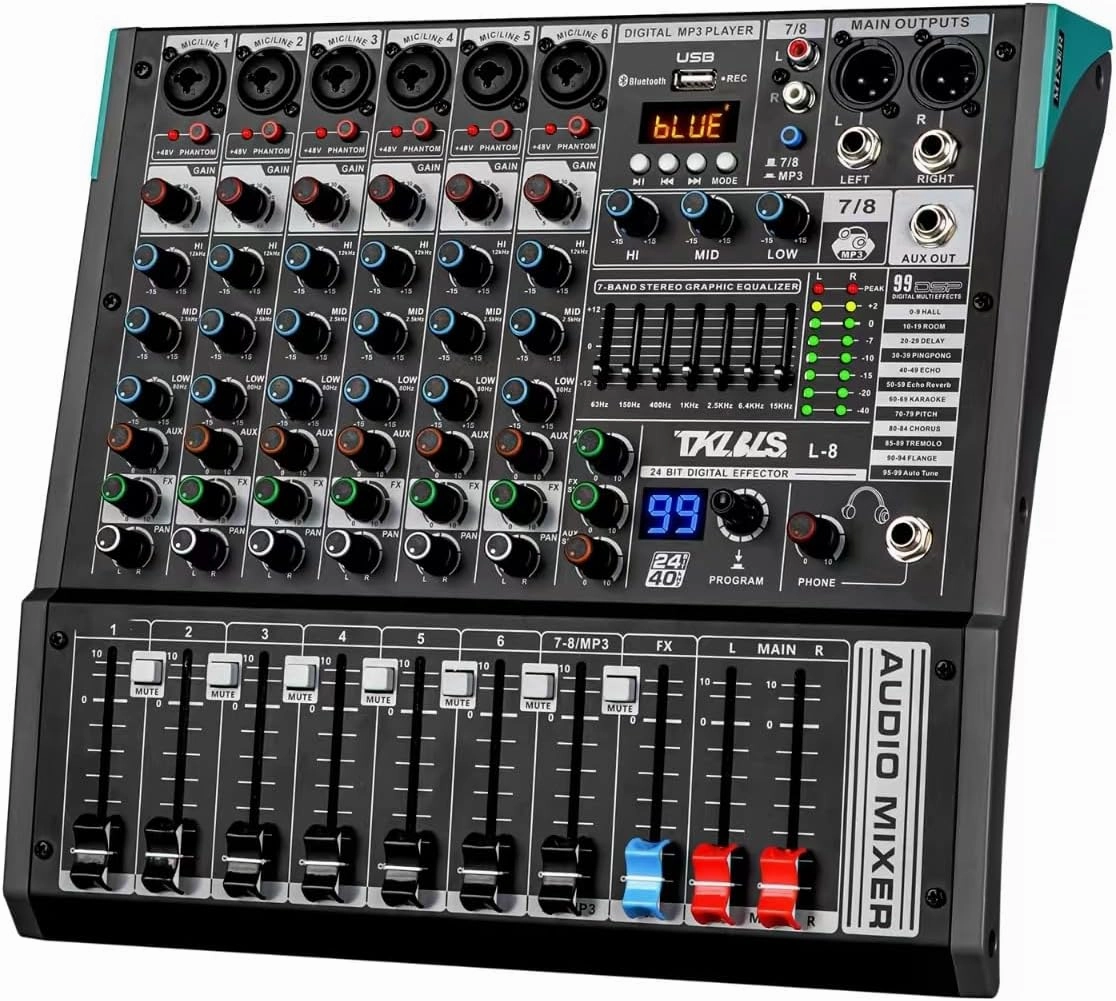 Audio Mixer, TKLBLS Professional 8 Channel DJ Mixer Board with 99-Bit DSP, Sound Board Mixing Console 7-Band EQ Output, USB Audio Interface, Bluetooth 48V Phantom Power For Karaoke Studio Streaming balanced output player,audiophile player,hi-res digital pl