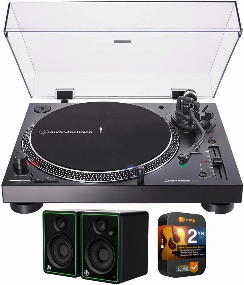Audio-Technica AT-LP120XBT-USB-BK Wireless Direct-Drive Turntable Black Bundle with Mackie CR4-XBT 4 inch Creative Reference Multimedia Studio Monitors and Premium 2 YR CPS Enhanced Protection Pack direct-drive turntable,DJ turntable,hi-torque vinyl deck,