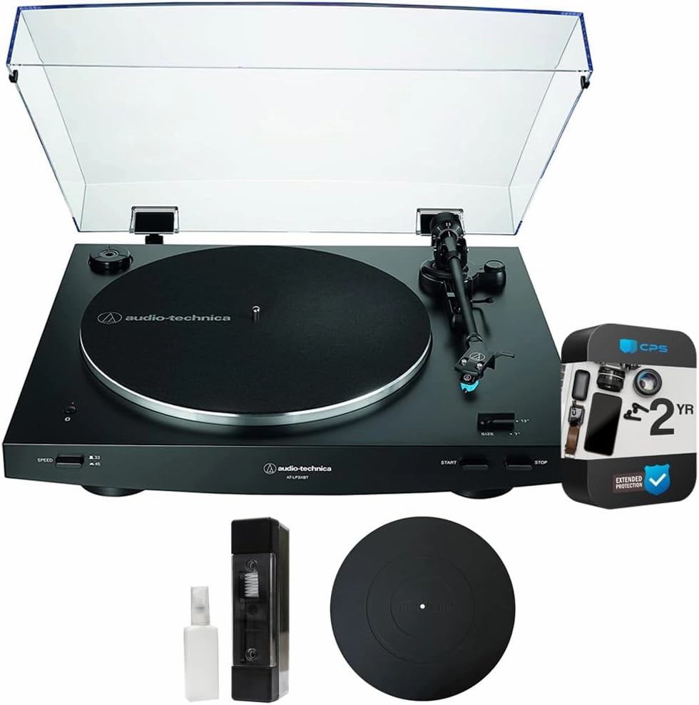 Audio-Technica AT-LP3XBT-BK Fully Automatic Wireless Belt-Drive Turntable, Black Bundle with 2 YR CPS Enhanced Protection Pack, Deco Gear 12" Rubber Platter Mat & Vinyl Record Cleaning Fluid System belt-drive turntable,vinyl record player,audiophi