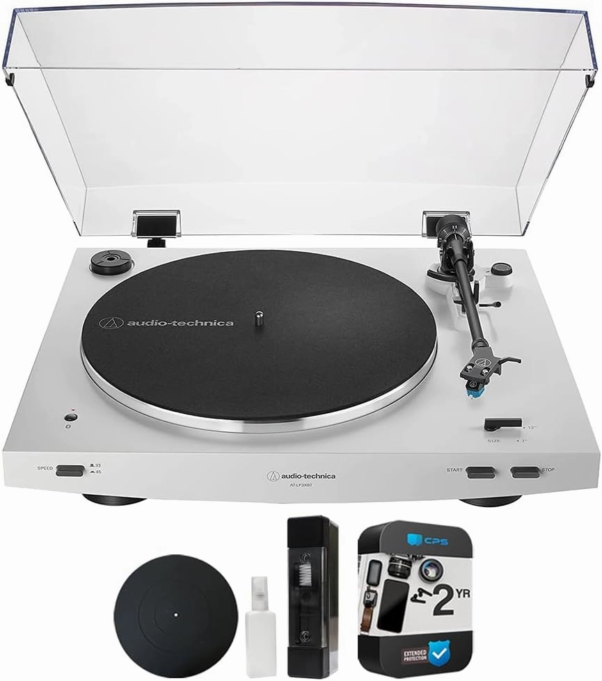 Audio-Technica AT-LP3XBT-WH Fully Automatic Wireless Belt-Drive Turntable White Bundle with 12 inch Silicone Rubber Mat, Vinyl Record Cleaning Fluid System and 2 YR CPS Enhanced Protection Pack belt-drive turntable,vinyl record player,audiophile turntable,