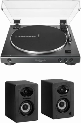 Audio-Technica AT-LP60X Fully Automatic Belt-Drive Stereo Turntable (Black) Bundle with Bluetooth Studio Monitors - Pair (2 Items) belt-drive turntable,vinyl record player,audiophile turntable,