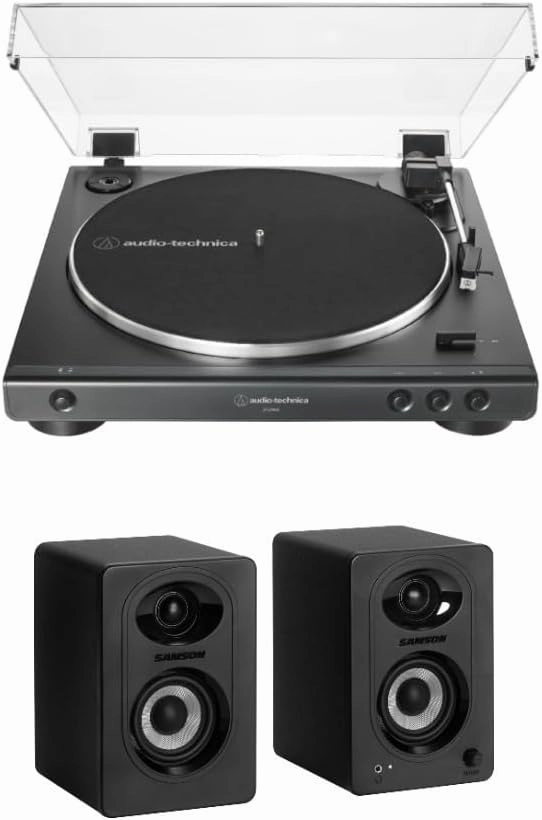 Audio-Technica AT-LP60X Fully Automatic Belt-Drive Stereo Turntable (Black) Bundle with Bluetooth Studio Monitors - Pair (2 Items) belt-drive turntable,vinyl record player,audiophile turntable,