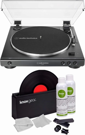 Audio-Technica AT-LP60X Fully Automatic Belt-Drive Stereo Turntable (Black) Bundle with Vinyl Record Cleaning Kit belt-drive turntable,vinyl record player,audiophile turntable,