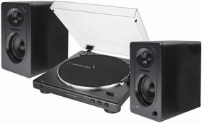 Audio-Technica AT-LP60X Fully Automatic Belt-Drive Stereo Turntable with Built-in Preamp and USB Output - Vinyl Playback Bundle with 3-Inch Powered Studio Monitors Pair (Black) (3 Items) belt-drive turntable,vinyl record player,audiophile turntable,