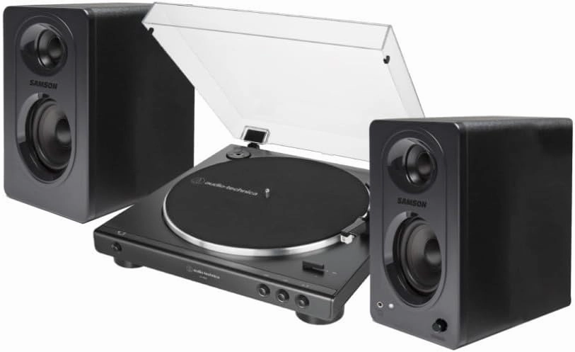 Audio-Technica AT-LP60X Fully Automatic Belt-Drive Stereo Turntable with Built-in Preamp and USB Output - Vinyl Playback Bundle with 3-Inch Powered Studio Monitors Pair (Black) (3 Items) belt-drive turntable,vinyl record player,audiophile turntable,