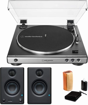 Audio-Technica AT-LP60X Gunmetal Fully Automatic Belt-Drive Stereo Turntable Bundle with Studio Monitor Pair and Vinyl Record Care System Package (3 Items) belt-drive turntable,vinyl record player,audiophile turntable,