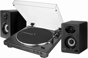 Audio-Technica AT-LP60XBT Bluetooth Stereo Turntable (Black) Bundle with 3' Powered Bluetooth Studio Monitors - Pair (2 Items) belt-drive turntable,vinyl record player,audiophile turntable,