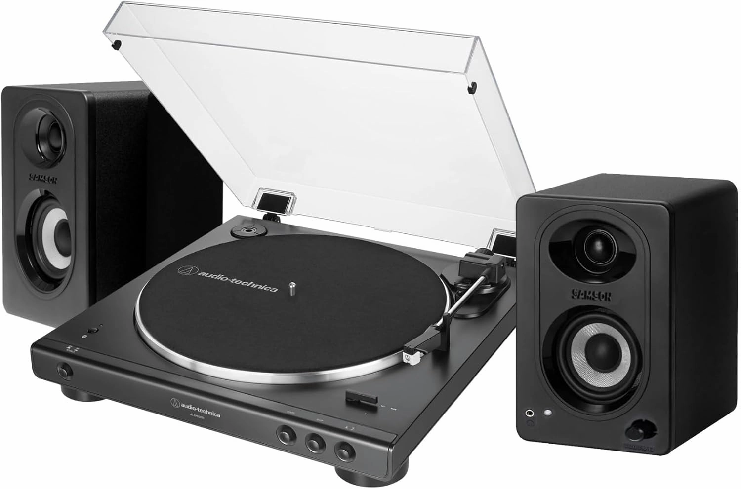 Audio-Technica AT-LP60XBT Bluetooth Stereo Turntable (Black) Bundle with 3' Powered Bluetooth Studio Monitors - Pair (2 Items) belt-drive turntable,vinyl record player,audiophile turntable,