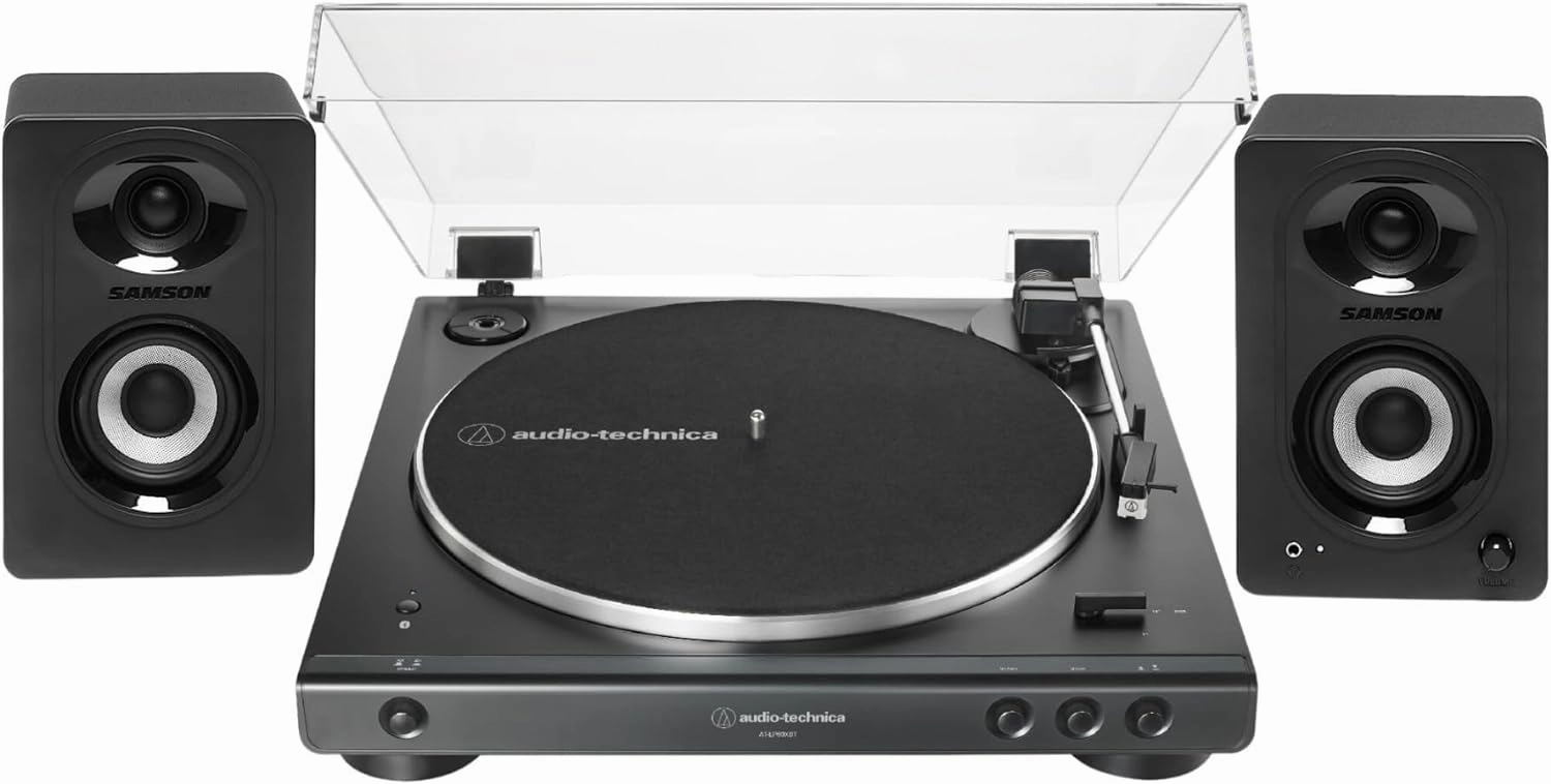 Audio-Technica AT-LP60XBT Fully Automatic Bluetooth Belt-Drive Stereo Turntable with Dust Cover, Die-cast Aluminum Platter Bundle with 3-Inch Powered Bluetooth Studio 20W Monitors Pair (2 Items) belt-drive turntable,vinyl record player,audiophile turntable