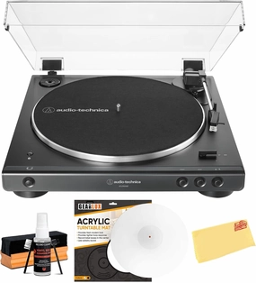 Audio-Technica AT-LP60XBT Fully Automatic Wireless Belt-Drive Turntable - Black Bundle with Slipmat, Cleaning Kit, and Austin Bazaar Polishing Cloth belt-drive turntable,vinyl record player,audiophile turntable,