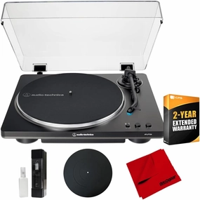 Audio-Technica AT-LP70X-BG Fully Automatic Belt-Drive Turntable, Black/Silver Bundle with 2 YR CPS Enhanced Protection Pack, 12" Platter Mat, Vinyl Record Cleaning Fluid System & Microfiber Cloth belt-drive turntable,vinyl record player,audiophile