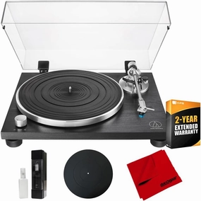 Audio-Technica AT-LPW30BKR Fully Manual Belt-Drive Turntable Bundle with 2 YR CPS Enhanced Protection Pack, 12" Platter Mat, Vinyl Record Cleaning Fluid System & Microfiber Cloth belt-drive turntable,vinyl record player,audiophile turntable,