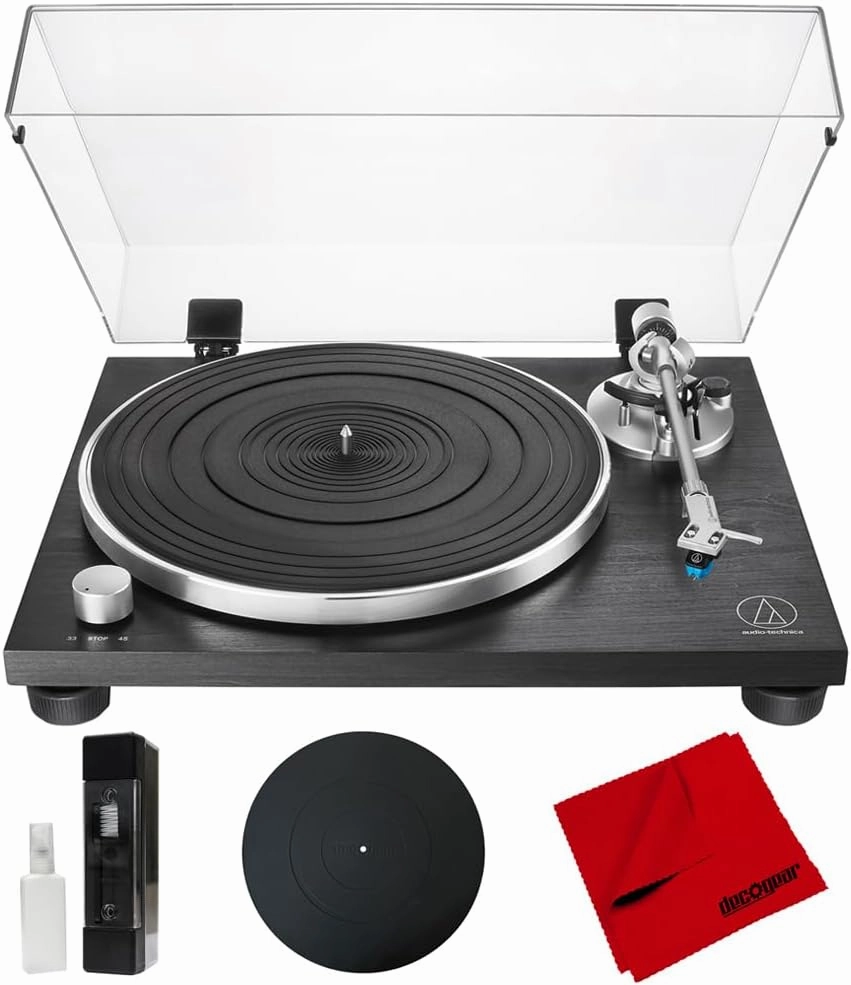 Audio-Technica AT-LPW30BKR Fully Manual Belt-Drive Turntable Bundle with Deco Gear 12" Silicone Rubber Platter Mat, Vinyl Record Cleaning Fluid System & Microfiber Cleaning Cloth belt-drive turntable,vinyl record player,audiophile turntable,